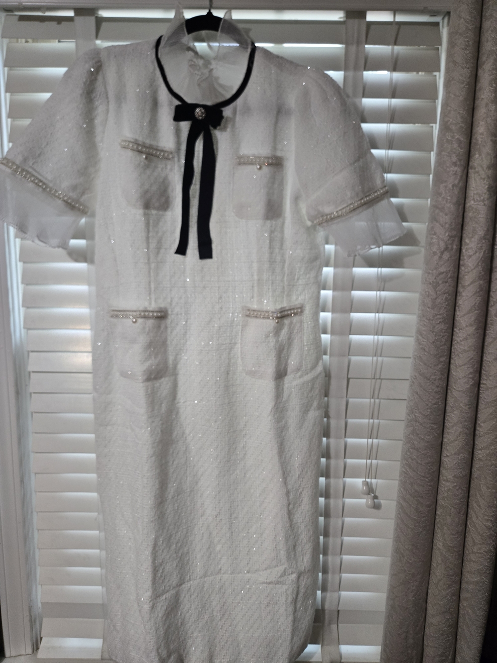 NWOT Elegant White Tweed Midi Dress with Black Ribbon Detail and Pearl Trim - Picture 3 of 7